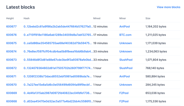 Searching for the latest block in BTC blockexplorer.com