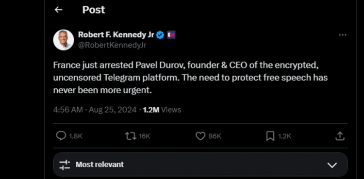 Reaction to the arrest of Pavel Durov by Robert F. Kennedy Jr.
